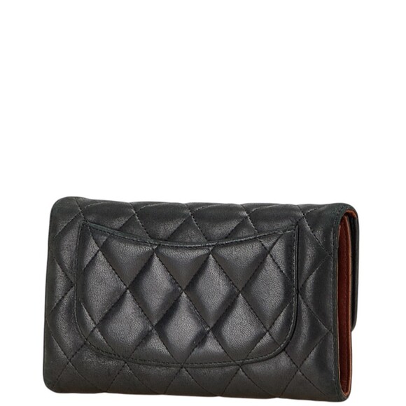 CHANEL Authentic Black Lambskin Leather Logo Wallet
